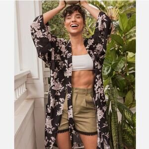 Spiritual Gangster Black Floral Maya Kimono Cover Up Womens One Size Tie Front